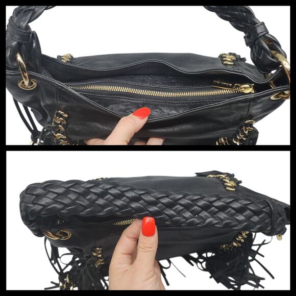 Michael Kors Hobo Bag Purse Black Leather Fringe Gold Chain Braided Slouchy Boho - Picture 8 of 16